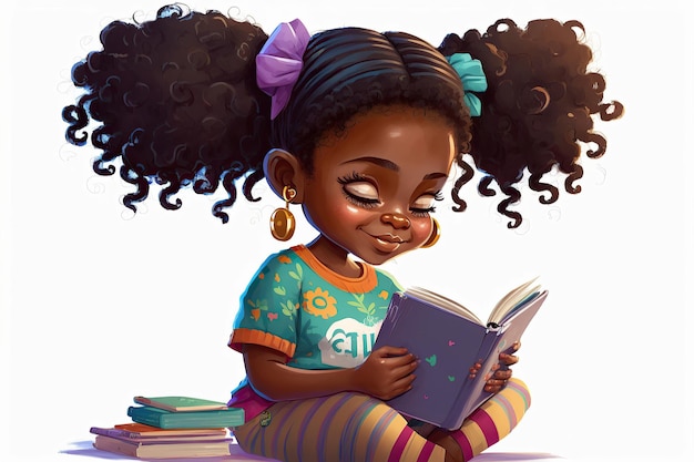 Photo petite fille afro-américaine souriante avec un livre ouvert, illustration numérique, autocollants, isolé