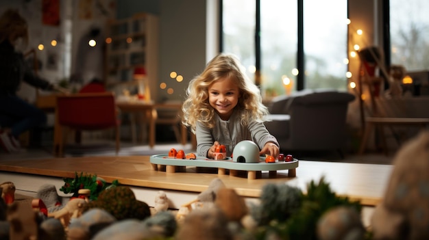 Une petite fille d'âge préscolaire joue avec des jouets en bois dans une pièce.