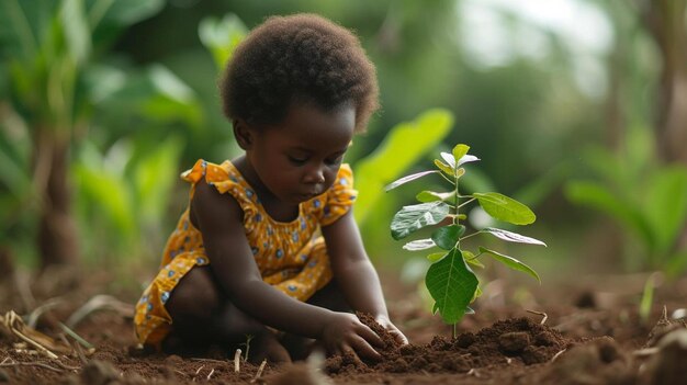 une petite fille agenouillée dans la saleté avec une plante