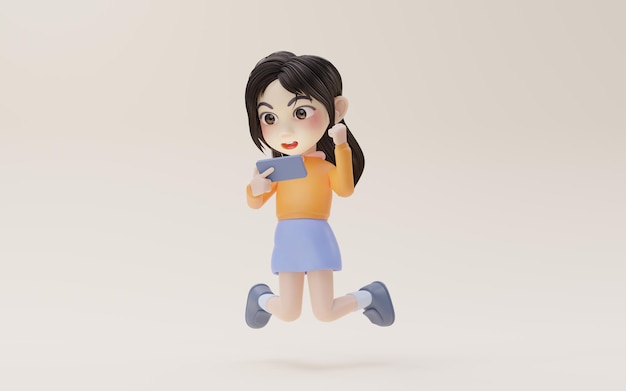Petite fille à l'aide de téléphone portable avec rendu 3d de style dessin animé
