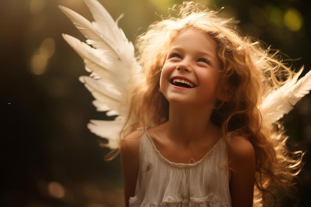 petite fille avec des ailes d'ange à la lumière du soleil