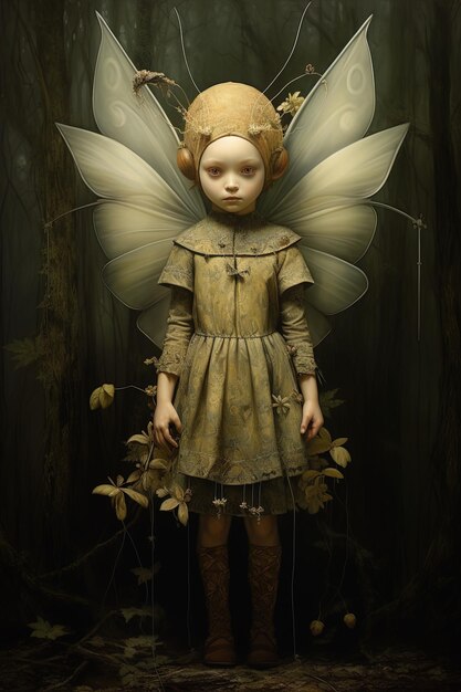 une petite fille avec des ailes de papillon sur la tête