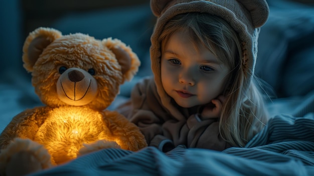 Une petite fille allongée à côté d'un ours en peluche