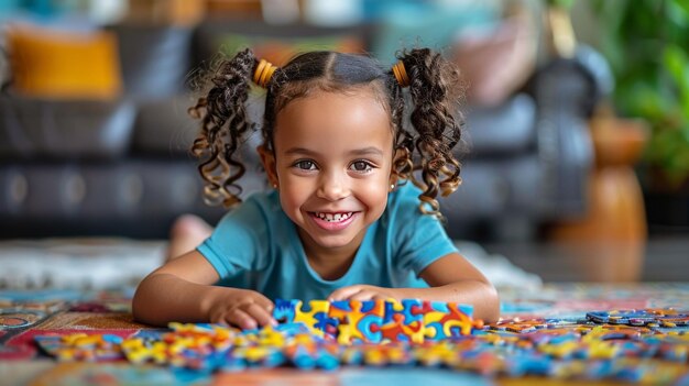 Une petite fille allongée sur le sol jouant avec un puzzle