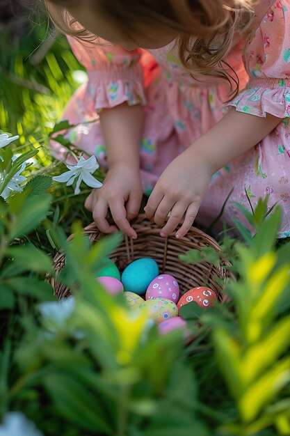 Photo une petite fille apprécie la chasse aux œufs de pâques dans le jardin en fleurs