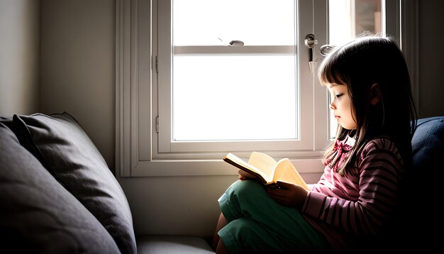 Une petite fille apprend à lire dans un livre.