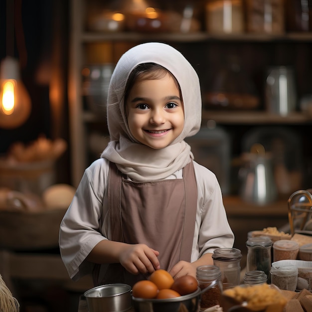 Une petite fille arabe dans la cuisine qui cuisine.