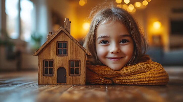 Photo une petite fille arrafée avec une maison en bois sur une table