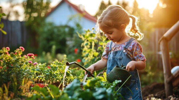 une petite fille arrosant joyeusement son jardin avec un arrosoir décoré de façon charmante
