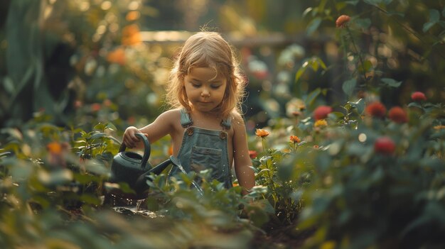 Une petite fille arrose les plantes dans le jardin