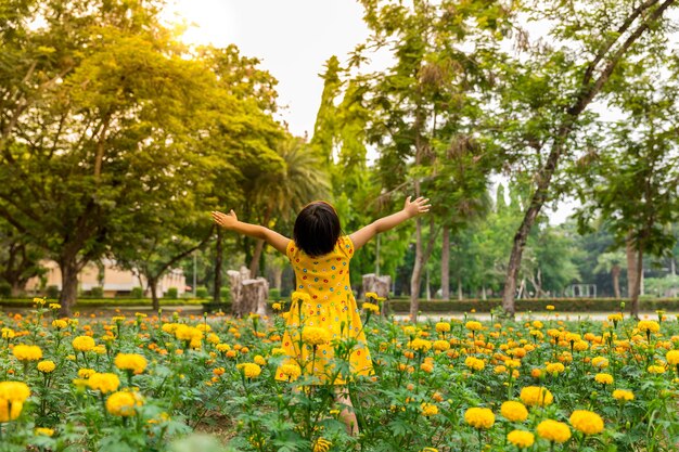 Petite fille asiatique, debout dans les champs de fleurs cosmos