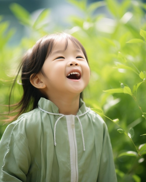 Une petite fille asiatique heureuse sur le jardin vert