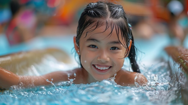 Une petite fille asiatique heureuse s'amusant dans l'eau dans un parc aquatique avec un fond flou et des éclaboussures d'eau et de l'espace pour le texte ou le produit AI générative