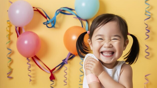 Photo une petite fille asiatique heureuse et vaccinée montre un bras avec un pansement en plâtre.