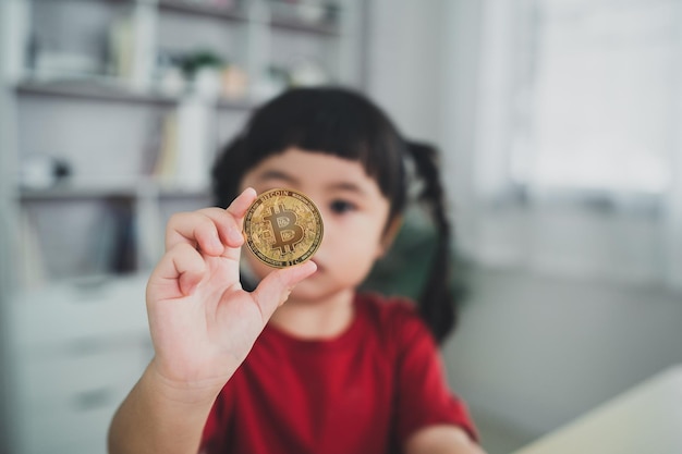 Petite fille asiatique portant un t-shirt rouge tenant une blockchain de monnaie crypto bitcoin en or sur un bureau de table en bois dans le salon à la maison Blockchain de monnaie crypto Concept de richesse d'investissement d'économie