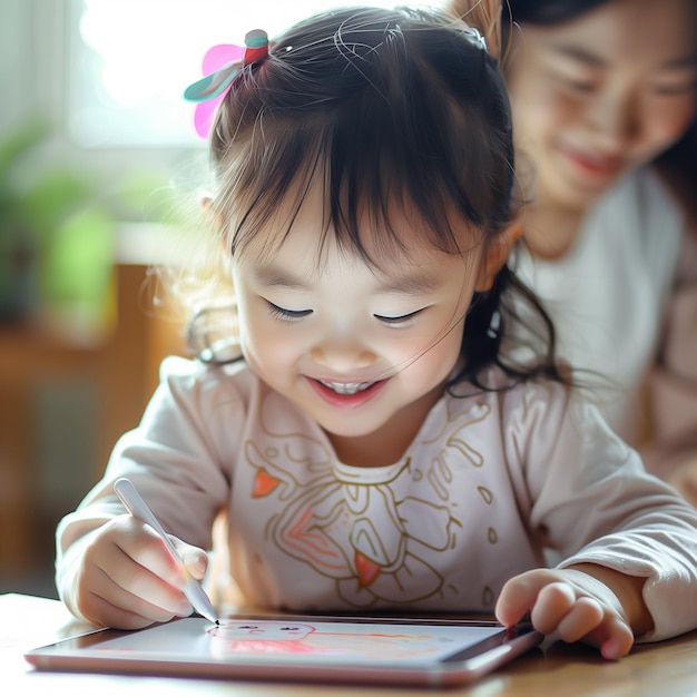 Une petite fille asiatique souriante dessine un griffon sur une tablette sur une table avec sa mère dans un salon