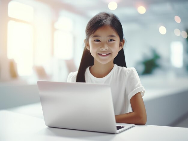 Photo une petite fille asiatique souriante qui étudie devant un ordinateur portable.