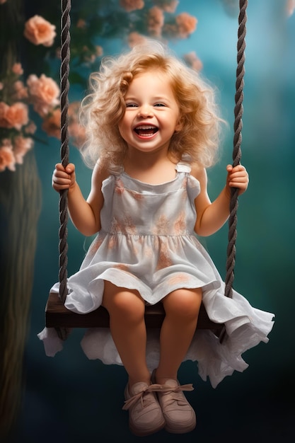 Une petite fille assise sur une balançoire riant et riant IA générative