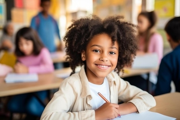 Photo une petite fille assise à un bureau avec un crayon à la main