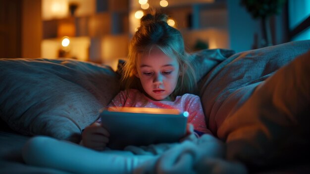 Petite fille assise sur le canapé regardant la tablette