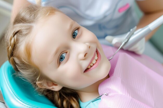 Une petite fille assise sur une chaise avec une brosse à dents dans la bouche