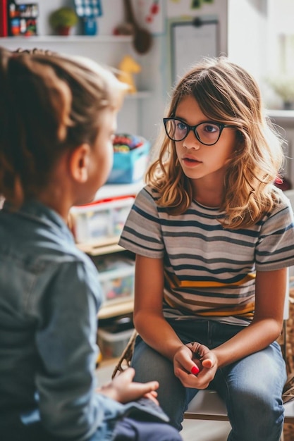 Photo une petite fille assise sur une chaise parlant à une petite fille