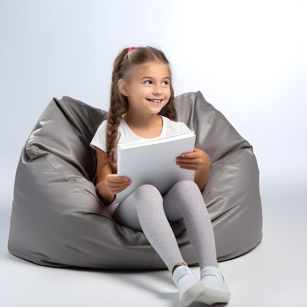 Une petite fille assise sur une chaise en sac de haricots.