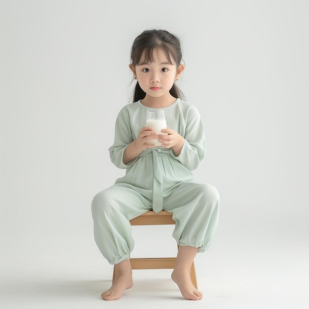 une petite fille assise sur une chaise tenant un verre de lait