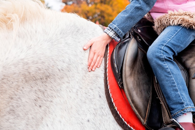 Petite fille assise à cheval et la caressant