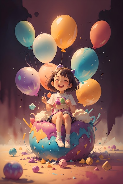 Une petite fille assise sur la crème glacée de gâteau géant avec des ballons couverture de livre illustration de fond