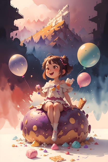 Une petite fille assise sur la crème glacée de gâteau géant avec des ballons couverture de livre illustration de fond