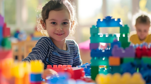 Petite fille assise devant une pile de jouets Jour des enfants.