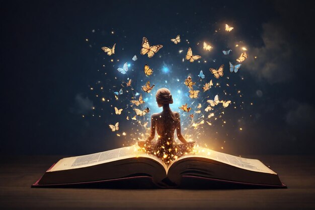 Photo petite fille assise sur un livre ouvert et des papillons volants sortant des pages cerveau créatif