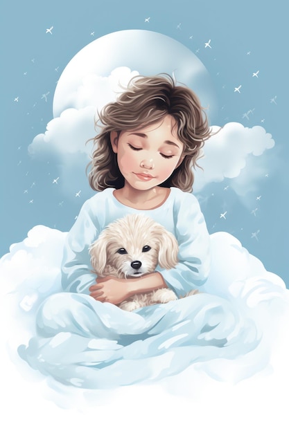 Une petite fille assise sur un nuage avec un chien Image numérique Ange gardien