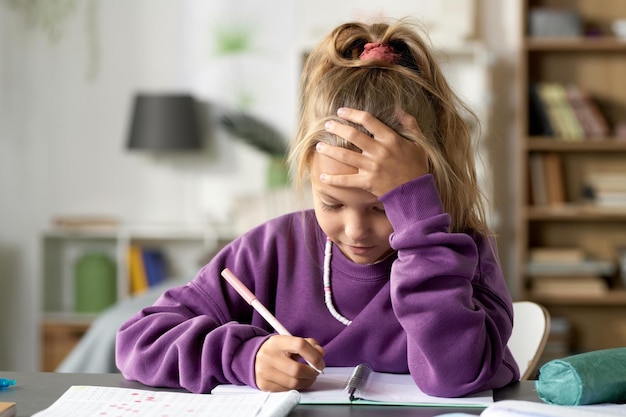 Petite fille assise à son bureau et prenant des notes dans un cahier, elle fait ses devoirs