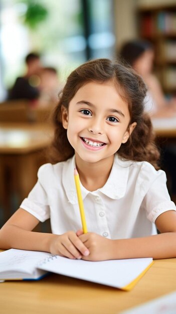 une petite fille assise à une table avec un crayon à la main