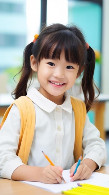 une petite fille assise à une table avec un crayon à la main