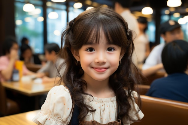 une petite fille assise à une table dans un restaurant