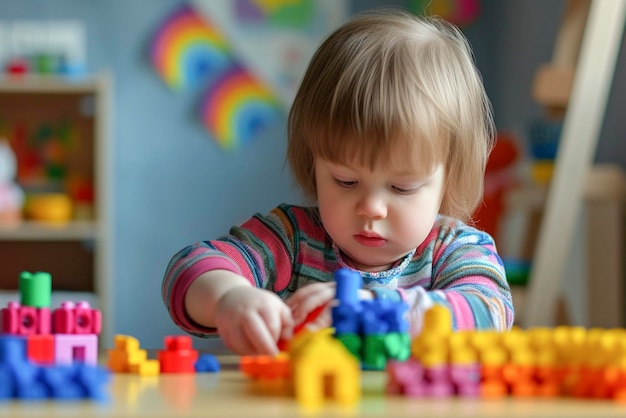 Une petite fille atteinte du syndrome de Down joue avec des jouets alors qu'elle est assise à table.