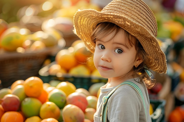 La petite fille au chapeau de paille au kiosque à fruits