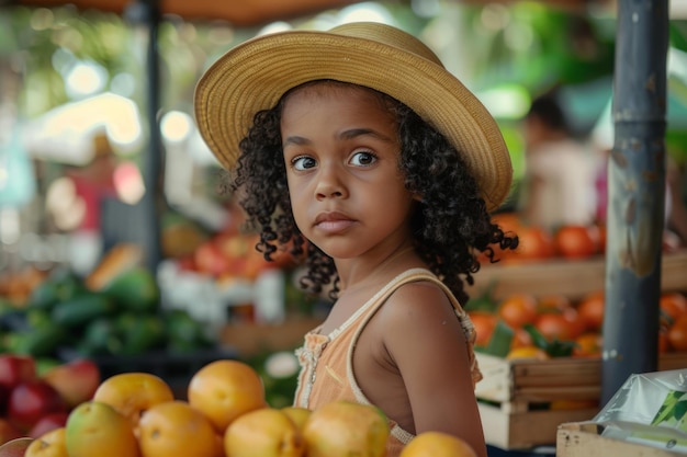 La petite fille au chapeau de paille au kiosque à fruits