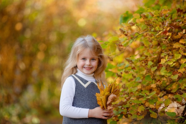 Petite fille à l'automne dans le parc tient un bouquet de feuilles d'automne