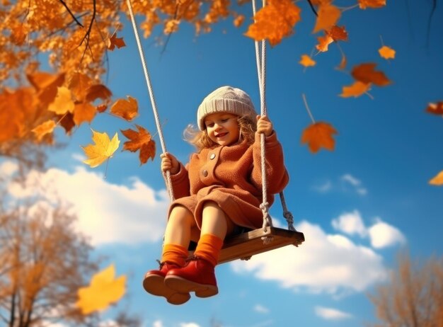 Petite fille à l'automne se balançant dans le parc avec des feuilles rouges et jaunes