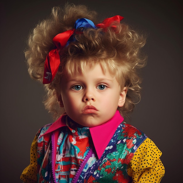 Photo une petite fille aux cheveux blonds et un nœud rouge et bleu dans les cheveux.