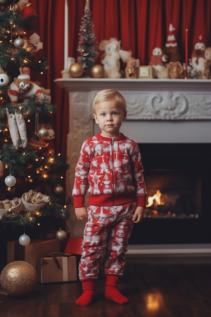 Petite fille aux cheveux blonds en pyjama de Noël rouge et vert debout près de la grande IA générative