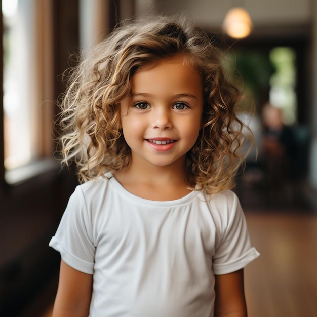 Une petite fille aux cheveux bouclés et une chemise blanche