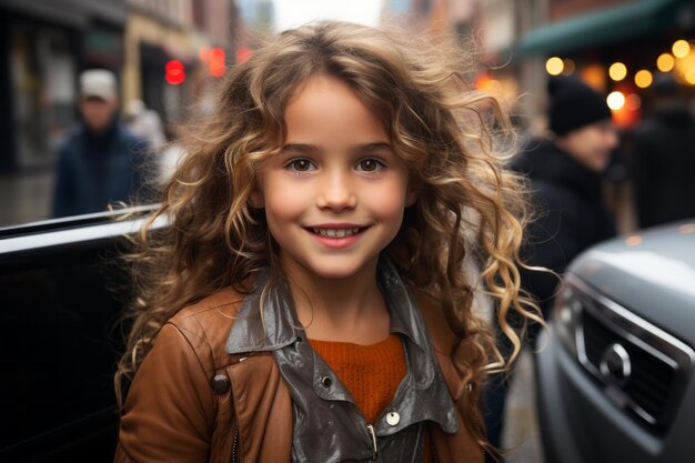 une petite fille aux cheveux bouclés debout devant une voiture