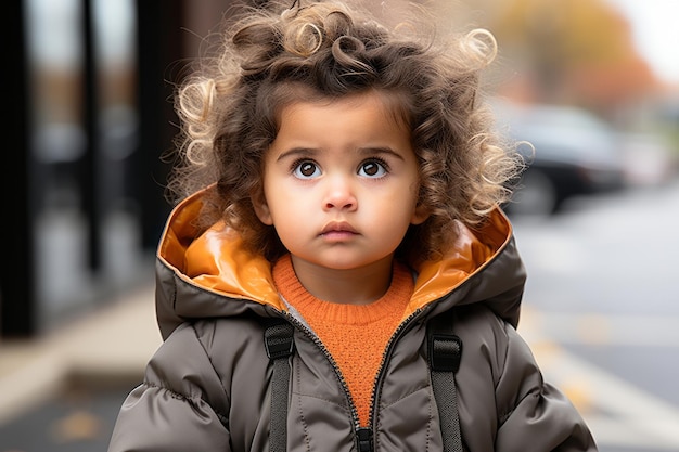 une petite fille aux cheveux bouclés portant une veste