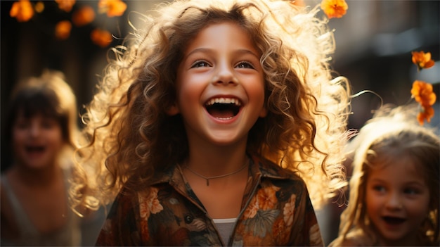 Une petite fille aux cheveux bouclés rit.