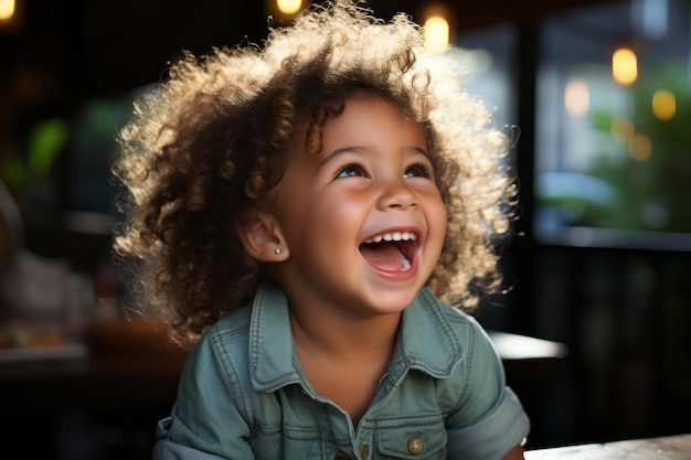 Photo une petite fille aux cheveux bouclés rit